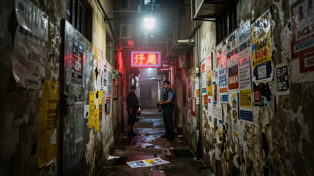 深水埗狭窄昏暗的小巷，墙上贴着破旧的海报