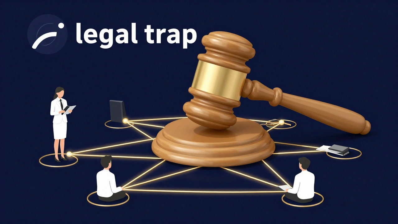 象征法律制裁的大锤压在代表金钱关系的金色网络之上