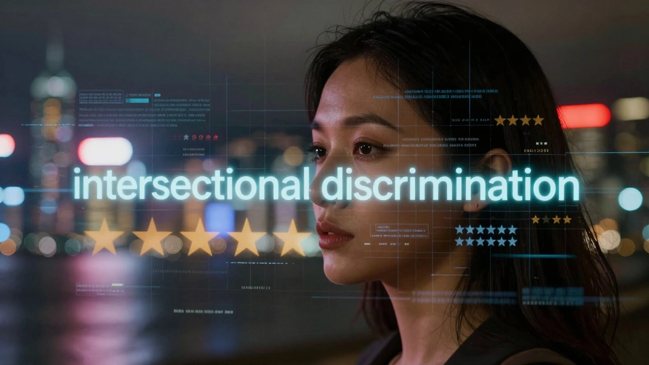 一名东南亚女性被数字价格标签和星级评价笼罩，寓意数字歧视。