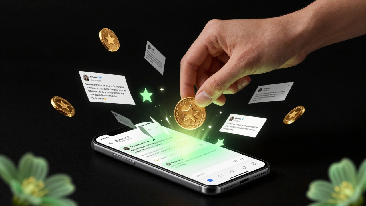 一只手将金币转化为数字星级评价，象征名誉的商品化。